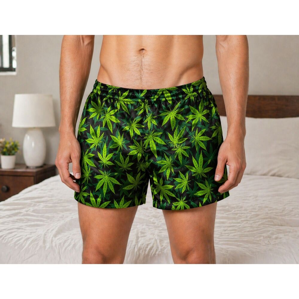 UNDER DISGUISE XL Silky Boxer Shorts Cannabis Leaf Print Elastic Waist #9